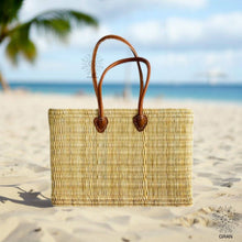 Load image into Gallery viewer, Market Reed Storage, Leather Baskets Shopping Bag.