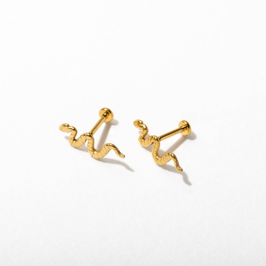 14k Gold PVD Snake Flat Back Stud Earrings - Pair or Single