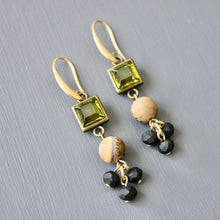 Load image into Gallery viewer, JLTE22 olivine glass and black cluster earrings

