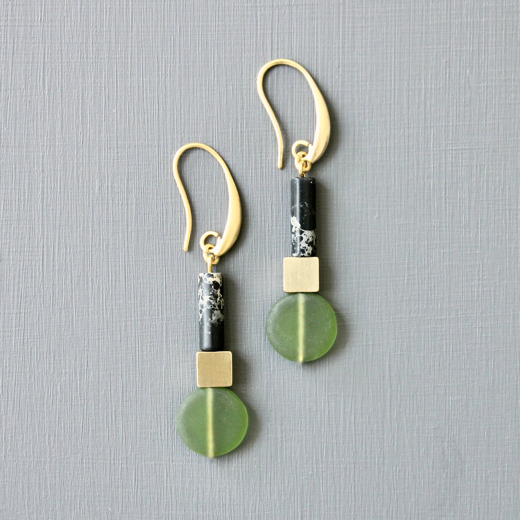 JLTE14 - Geometric Earrings with Olivine Glass